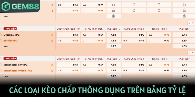 Các loại kèo chấp thông dụng trên bảng tỷ lệ